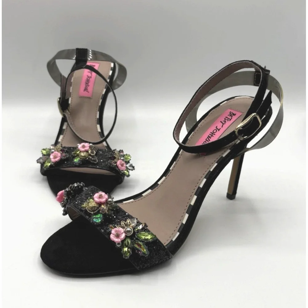 BETSY JOHNSON Alyna Heels Women's Size 6.5-7‎ Black Embellished Ankle Strap NWOB